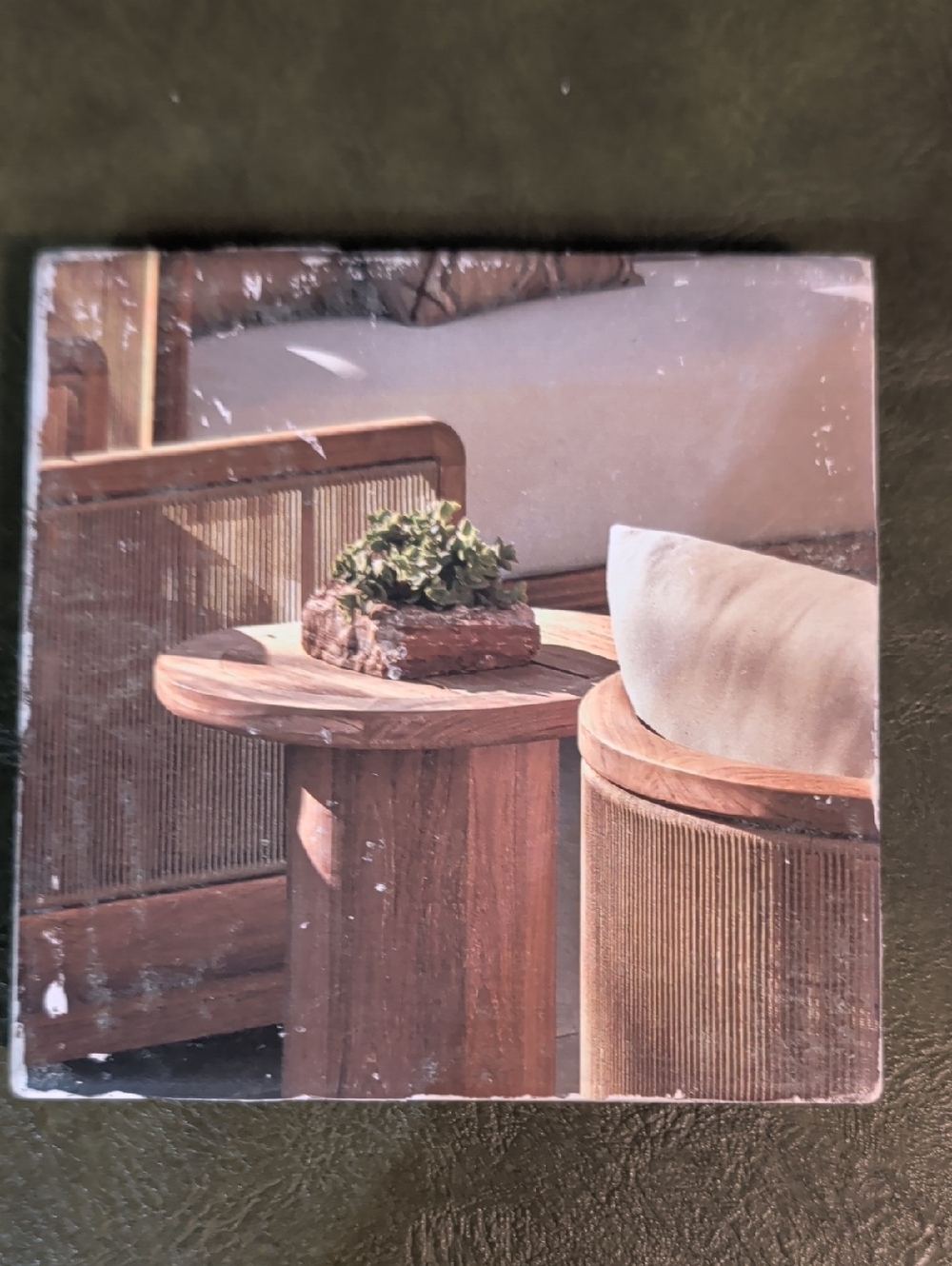 Neutral Wood Accent Side Table Art Tile Coaster - Handcrafted MCM